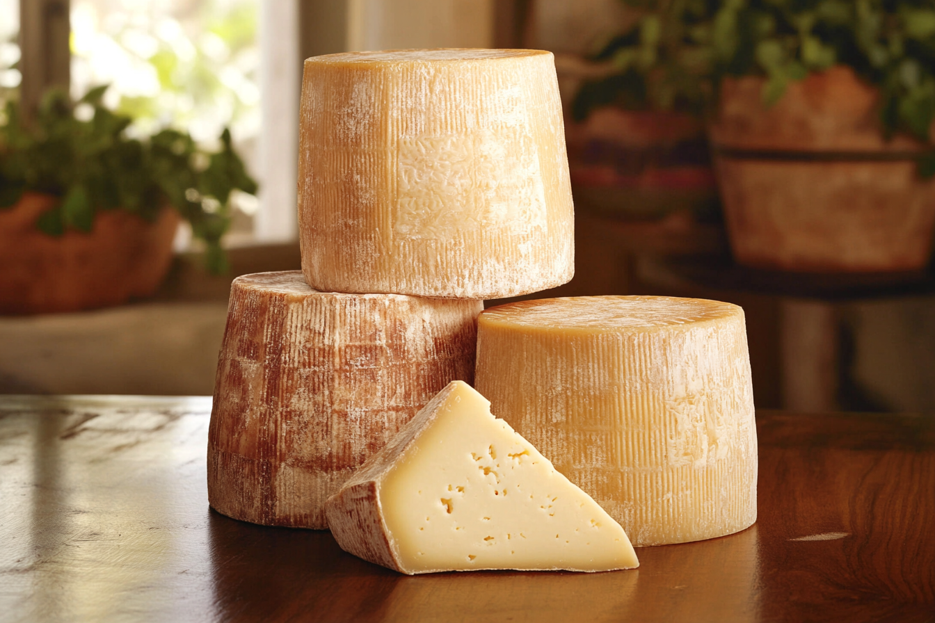 A stack of aged Parmigiano-style cheese wheels with a wedge cut to display the creamy, crumbly texture, placed on a wooden surface in a rustic setting.