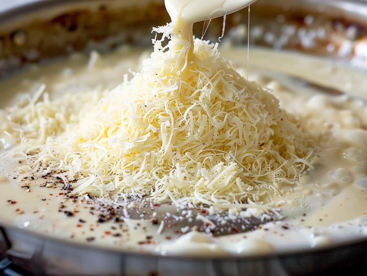 A close-up of grated cheese being added to a creamy white sauce in a pan, with visible flecks of pepper for seasoning.