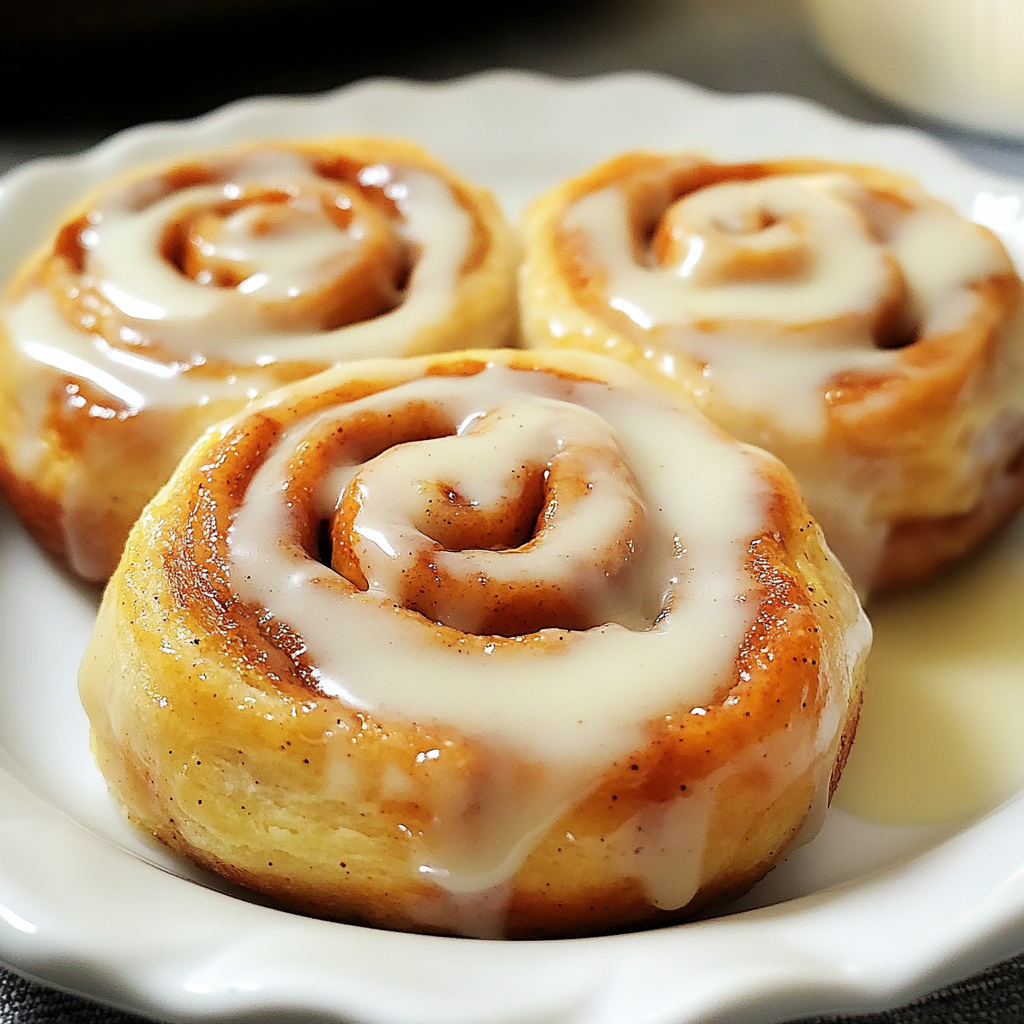 Three freshly baked cinnamon rolls topped with creamy icing, served on a white plate.