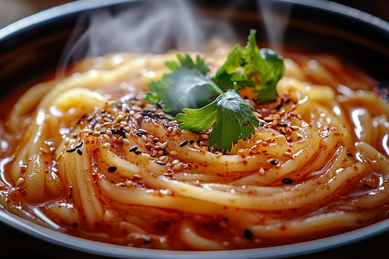 A steaming bowl of spicy udon noodles topped with fresh cilantro, sesame seeds, and chili flakes.