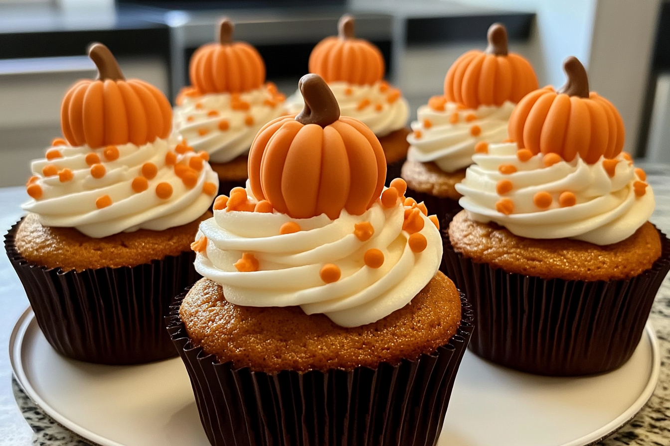 Pumpkin-themed cupcakes topped with orange fondant pumpkins, swirls of white frosting, and orange sprinkles.