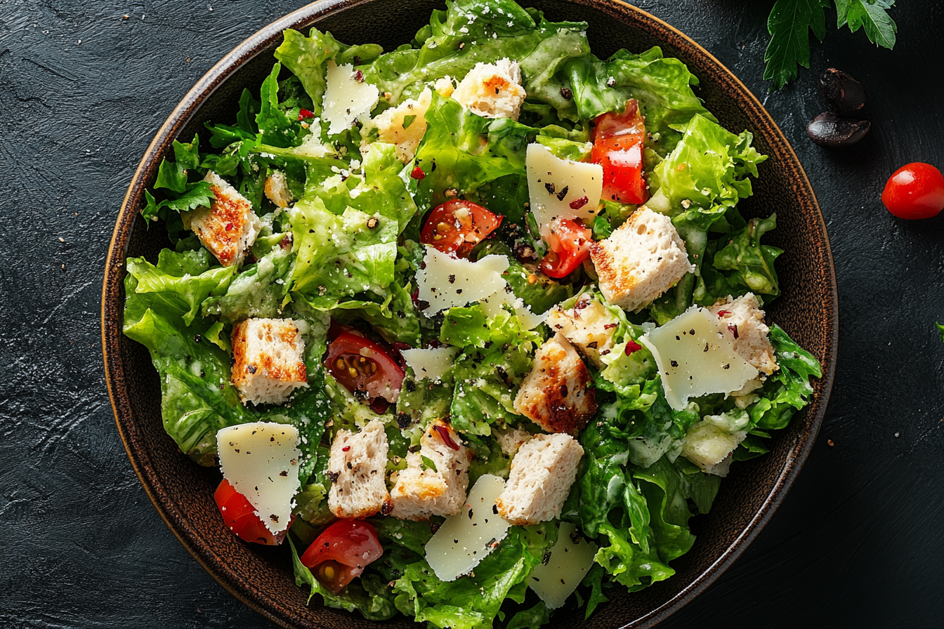 Fresh Caesar salad with lettuce, cherry tomatoes, croutons, and shaved cheese, topped with black pepper.