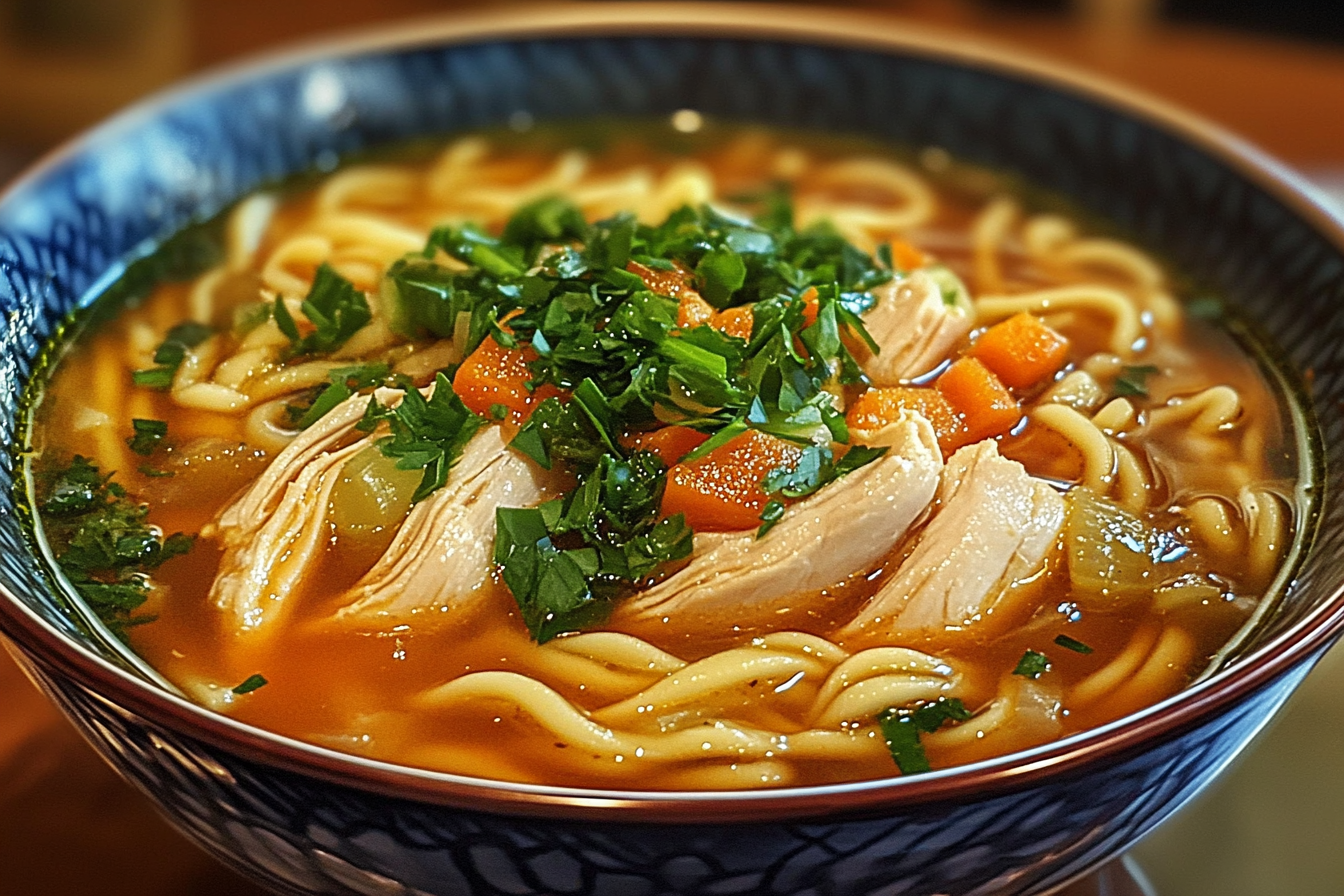 A steaming bowl of chicken noodle soup garnished with fresh parsley, featuring tender slices of chicken, diced carrots, celery, and hearty noodles in a rich broth.