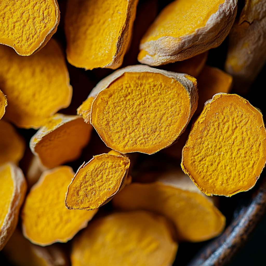 Close-up of fresh turmeric roots with their vibrant orange-yellow cross-sections, showcasing the natural texture and fibrous structure.