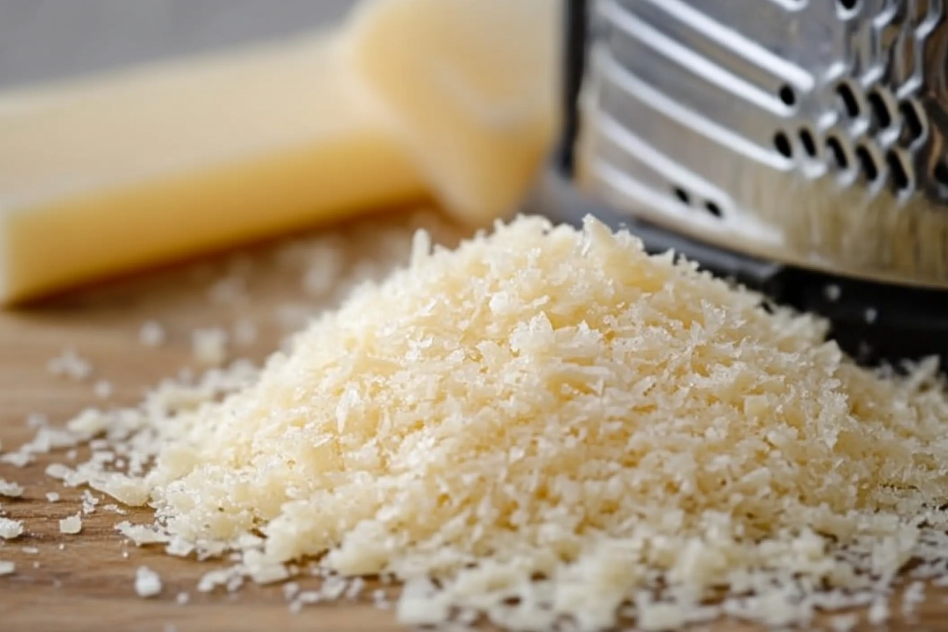 A close-up image of freshly grated Parmesan cheese on a wooden surface, with a cheese grater and a block of cheese in the background.