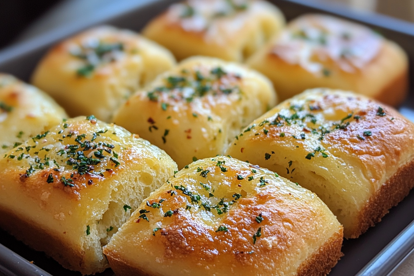 Freshly baked low-carb garlic bread topped with parsley and sea salt.