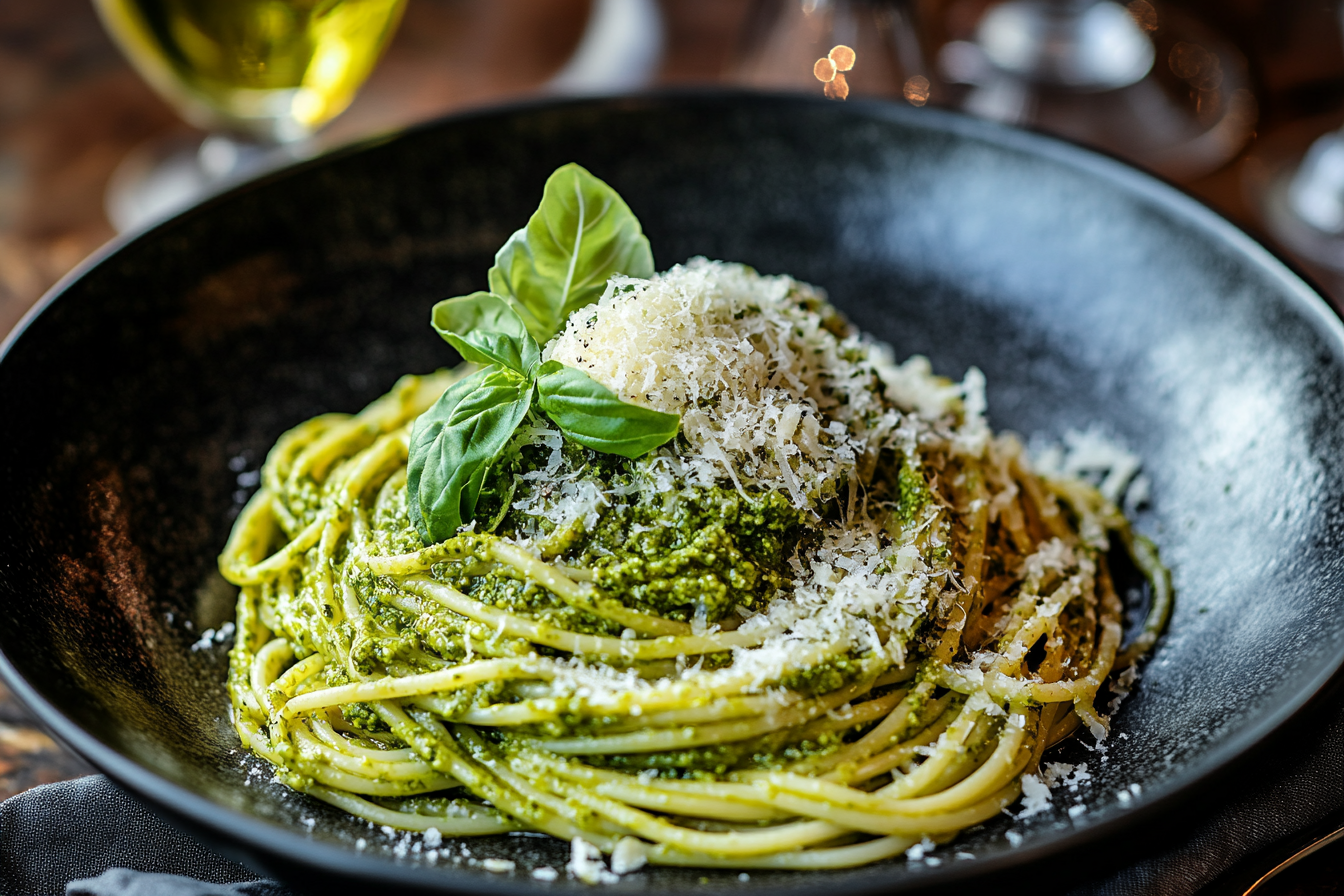 A black bowl of spaghetti coated in fresh basil pesto, garnished with grated Parmesan cheese and basil leaves.