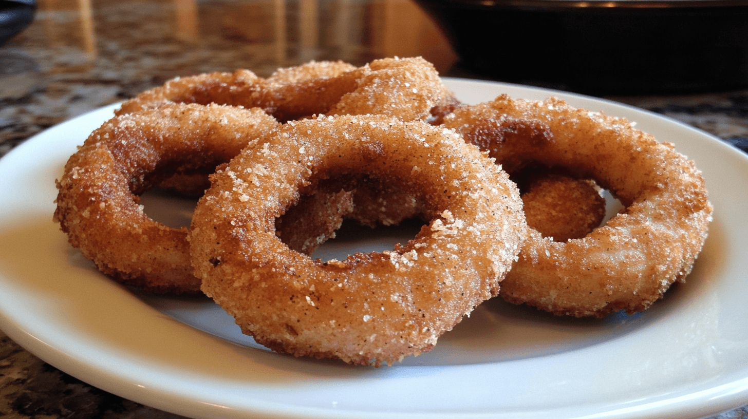 Crispy golden-brown onion rings with a creamy dipping sauce in the center, served on a white plate.